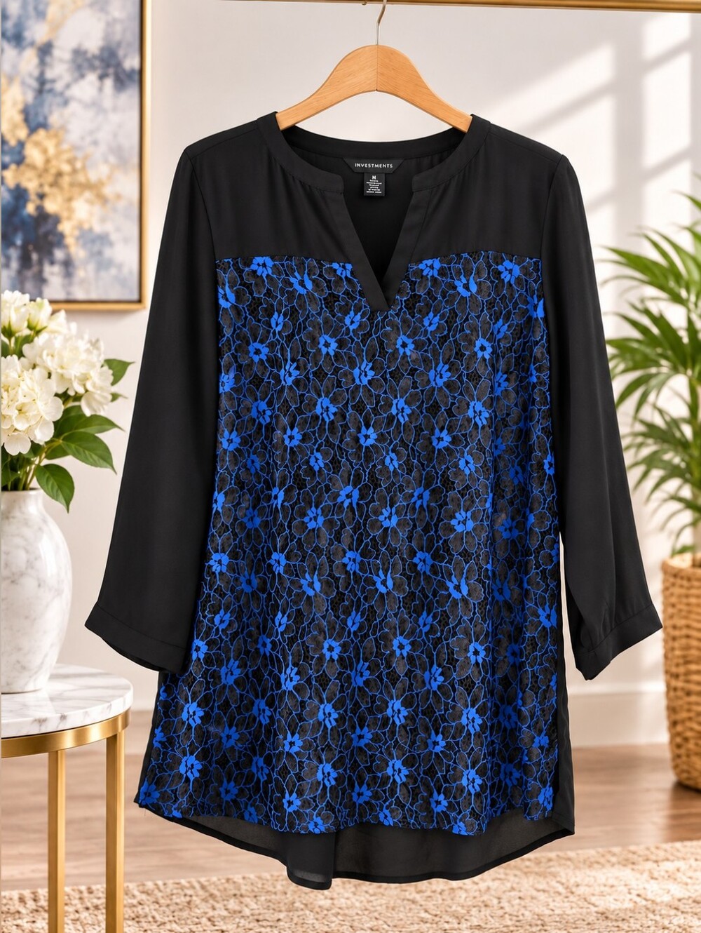 Investments Black Tunic with Royal Blue Floral Lace Panel
